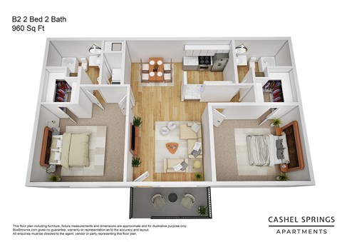 Floor plan for 2 beds, 2 baths, 960 sqft